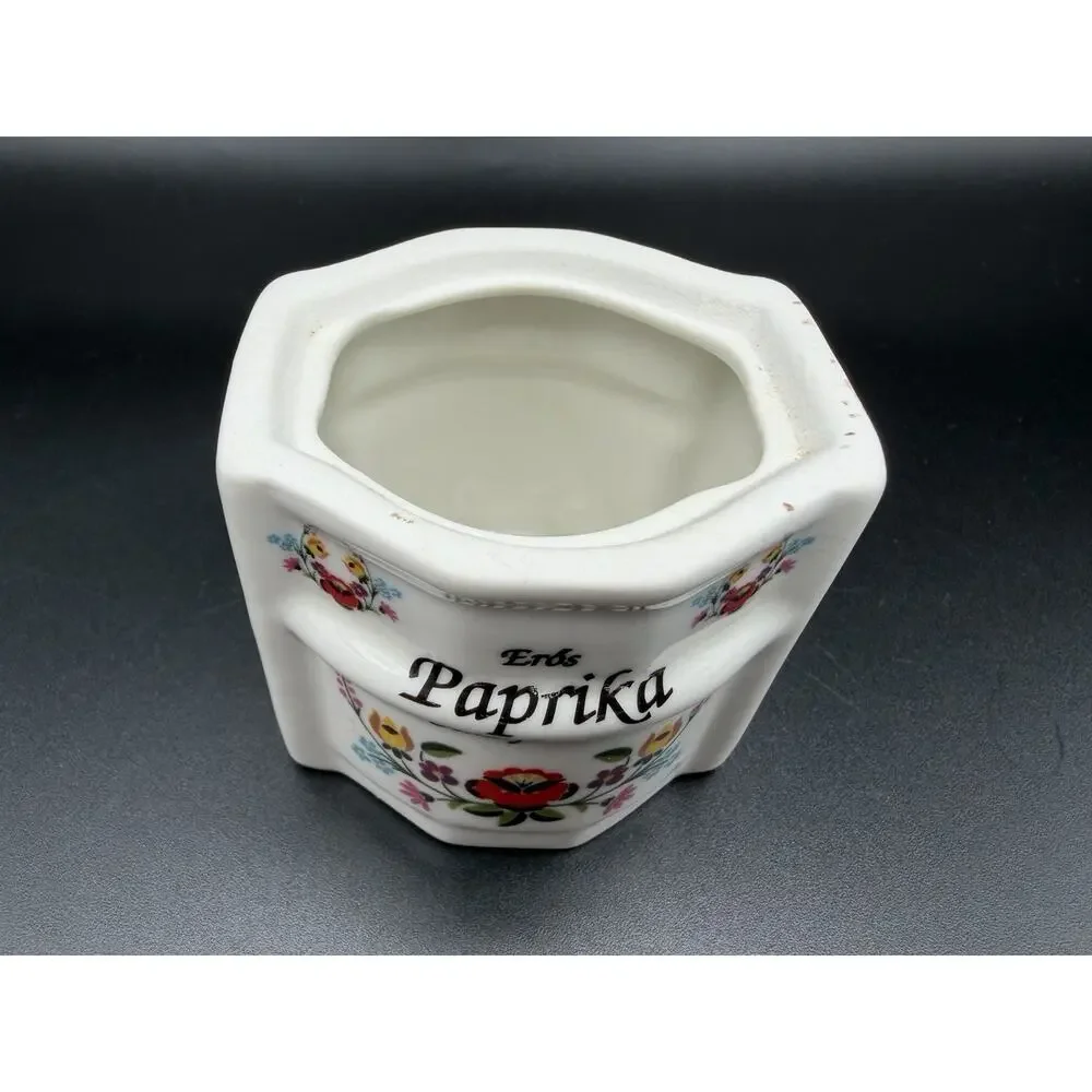 Hungary PAPRIKA Floral Ceramic Lidded Spice Container 4” with Wood Scoop Vintage